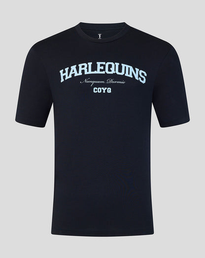 Black t-shirt with 'Harlequins' text on a gray background