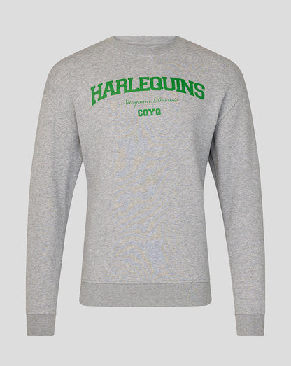 Gray sweatshirt with green 'Harlequins' text on a light gray background