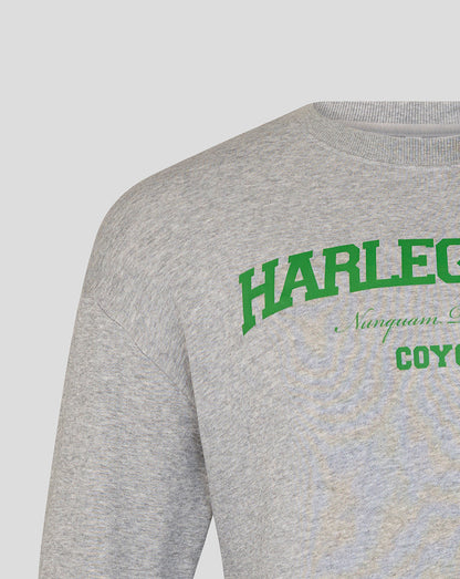 Gray sweatshirt with green 'Harlequins' text on a light gray background