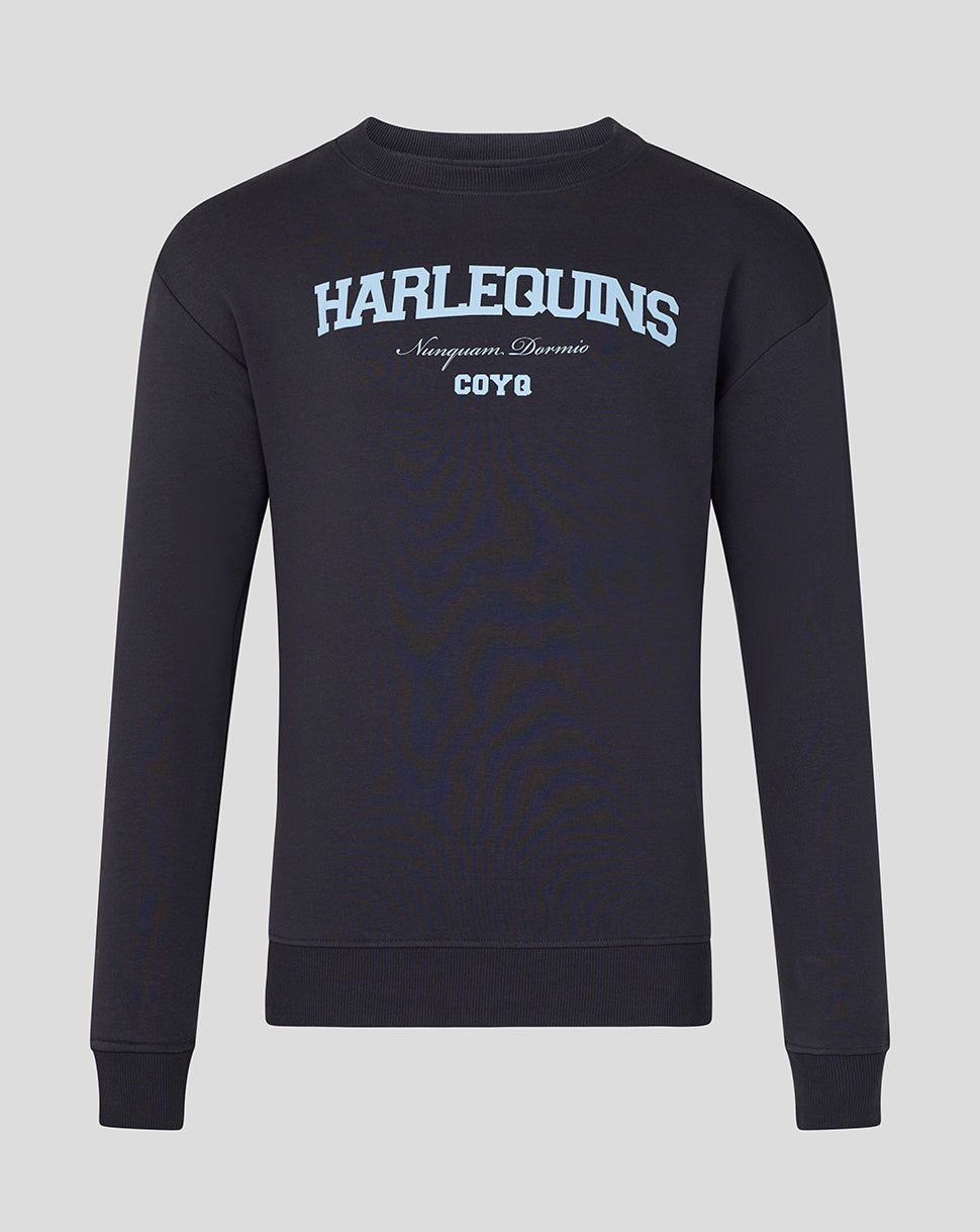Black sweatshirt with 'Harlequins' branding on a light gray background