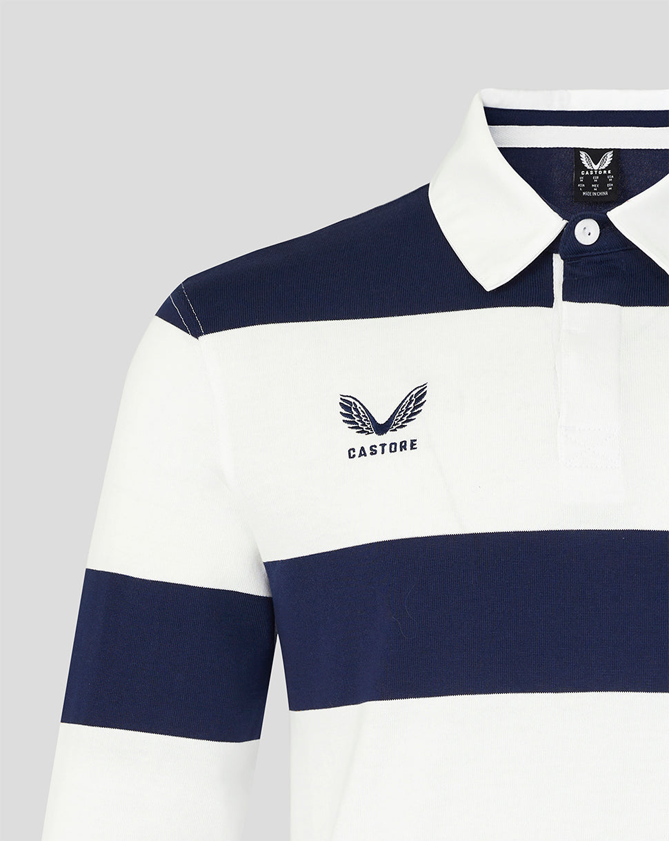 White and navy striped polo shirt with 'Castore' logo on a light gray background