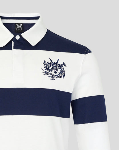 White and navy striped polo shirt with a logo on a light gray background