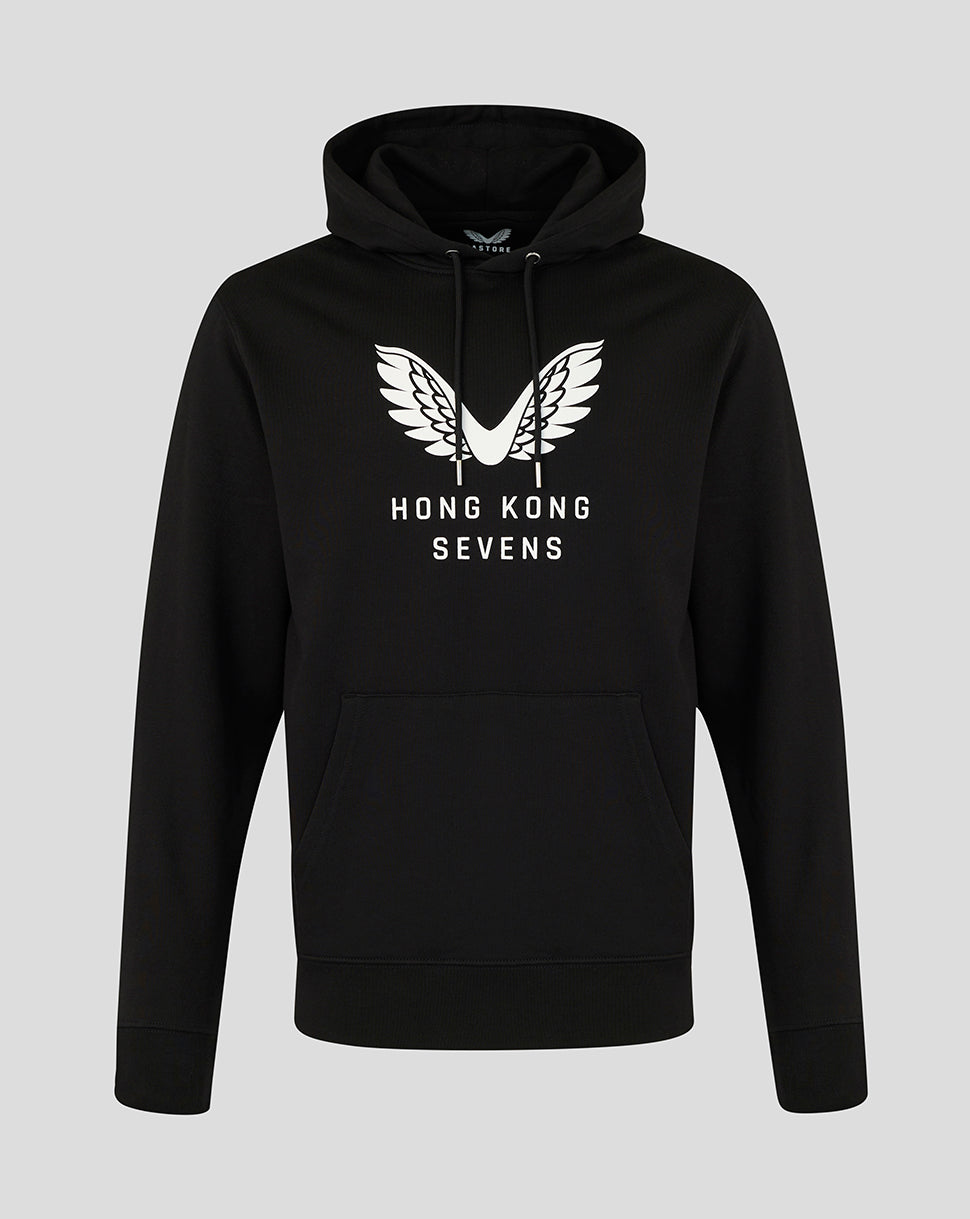 Black hoodie with 'Hong Kong Sevens' logo on a light gray background