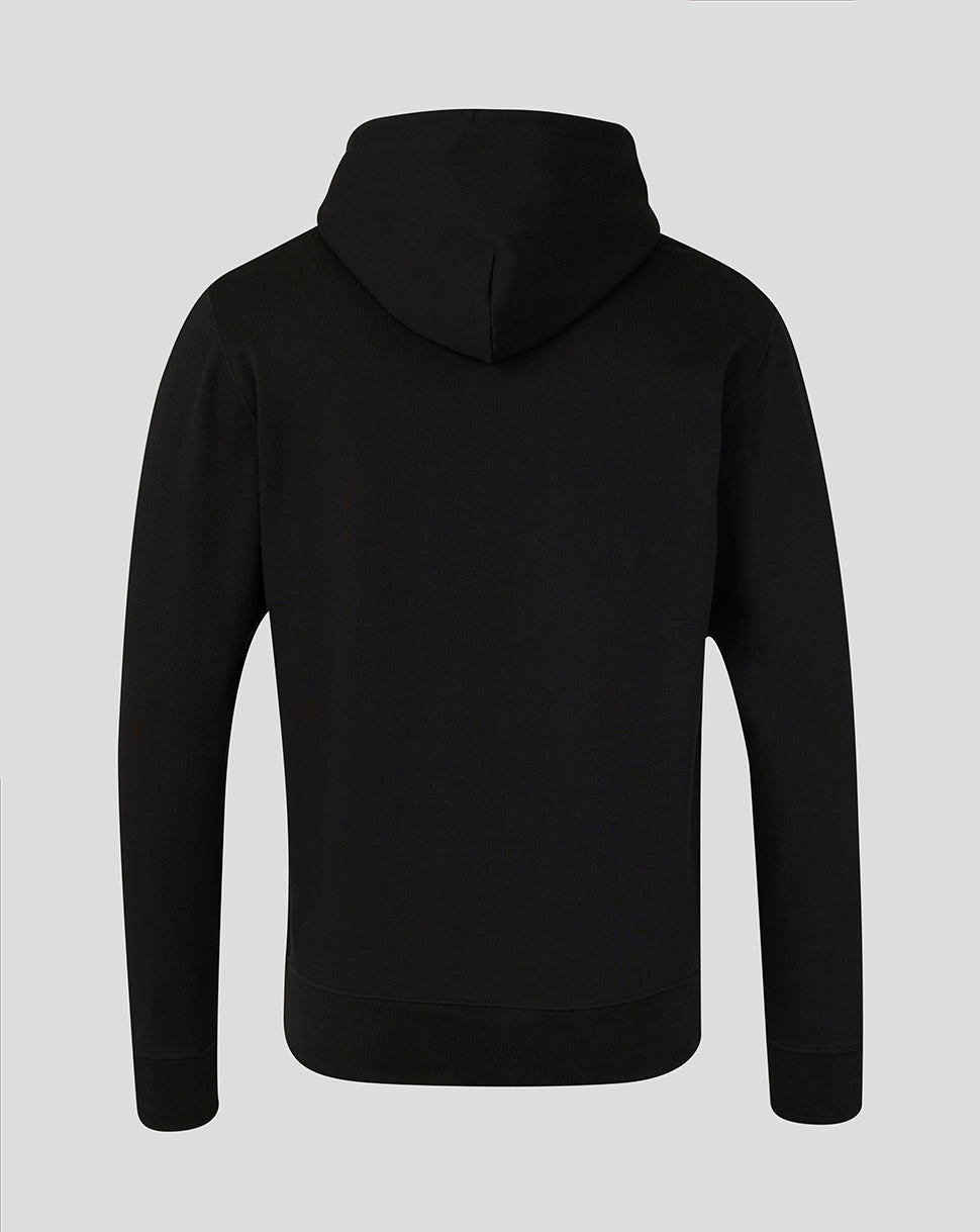 Black hoodie shown from the back on a light gray background