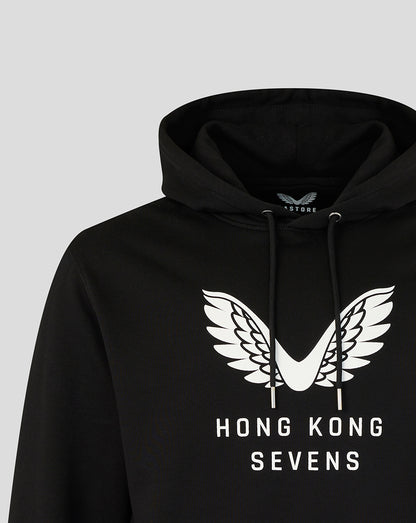 Black hoodie with white logo and text on a light gray background