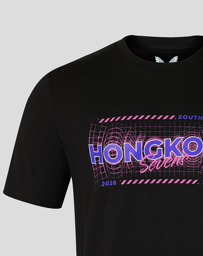 Black t-shirt with colorful text and graphics on a gray background