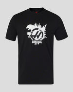 Black t-shirt with white 'Godzilla' logo on a gray background