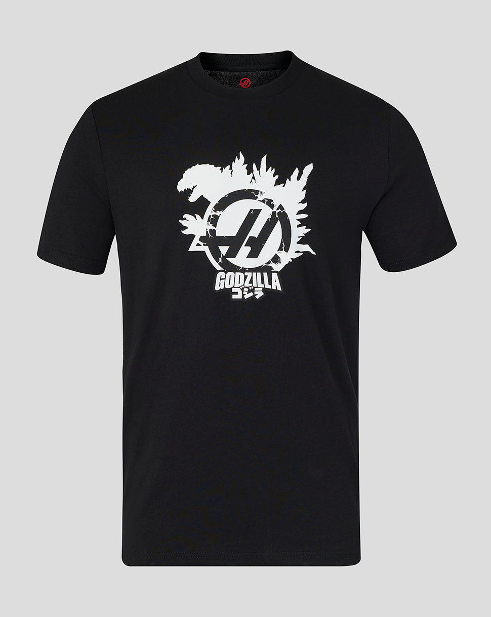 Black t-shirt with white 'Godzilla' logo on a gray background