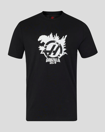 Black t-shirt with white 'Godzilla' logo on a gray background