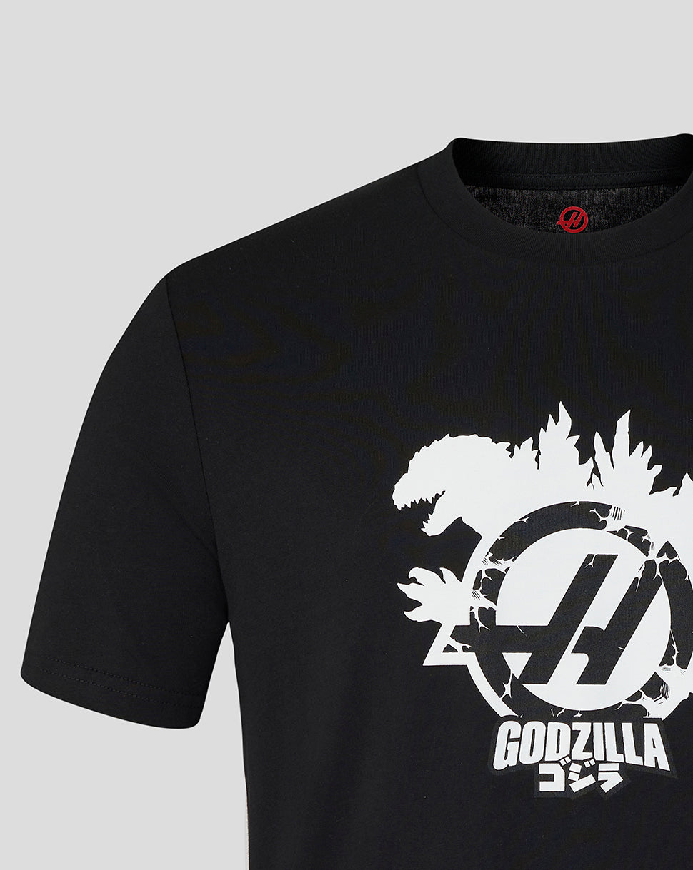 Black t-shirt with Godzilla logo on a gray background