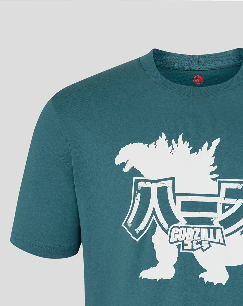 Teal t-shirt with Godzilla graphic on a light gray background