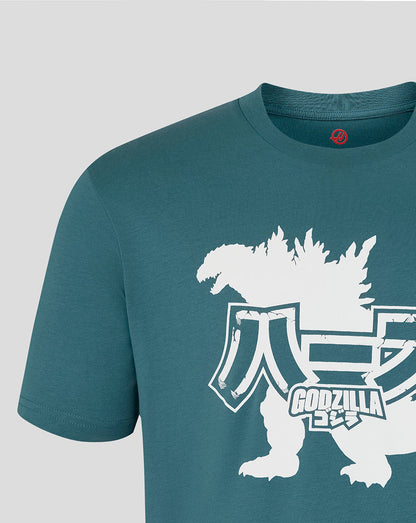 Teal t-shirt with Godzilla graphic on a light gray background