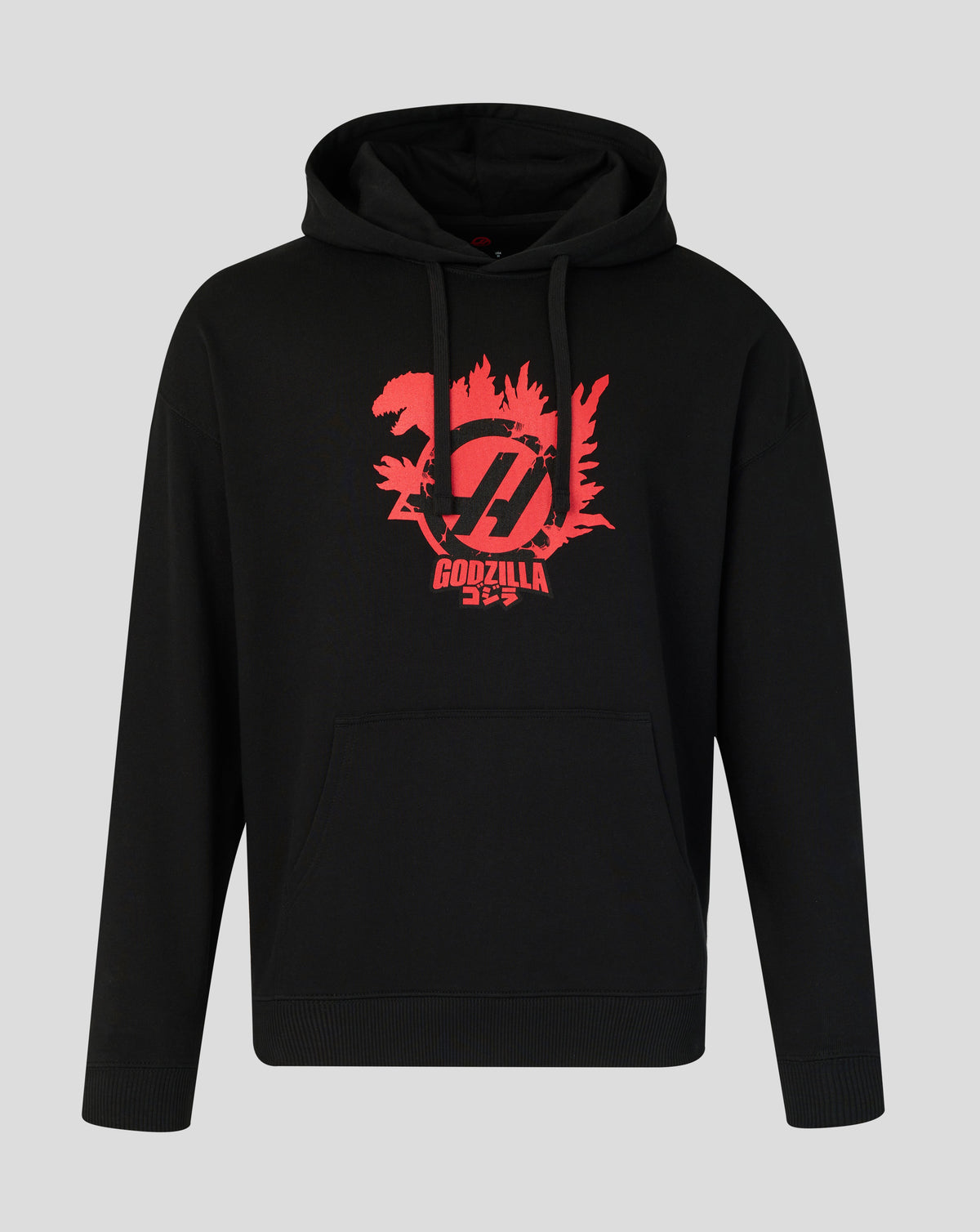 Black hoodie with red 'Godzilla' logo on a gray background