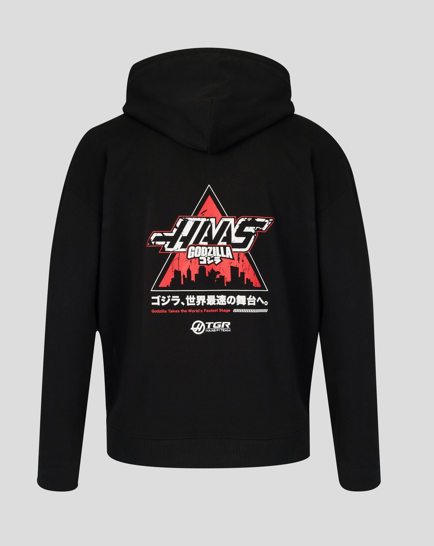 Black hoodie with a graphic design on the back against a gray background