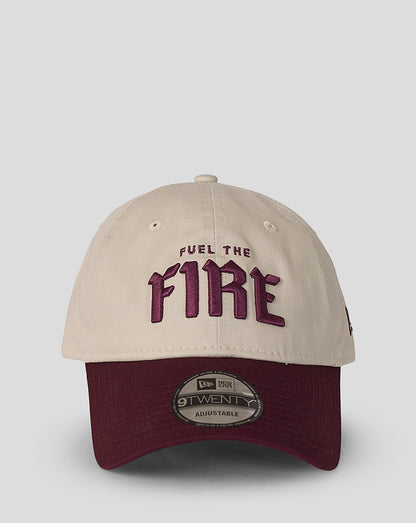 Beige crown cap with burgundy curved visor and Fuel The Fire embroidery on the front