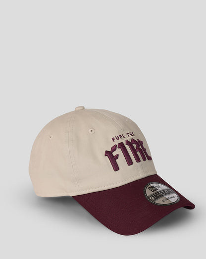 Beige cap with burgundy curved brim and Fuel The Fire embroidery on the front