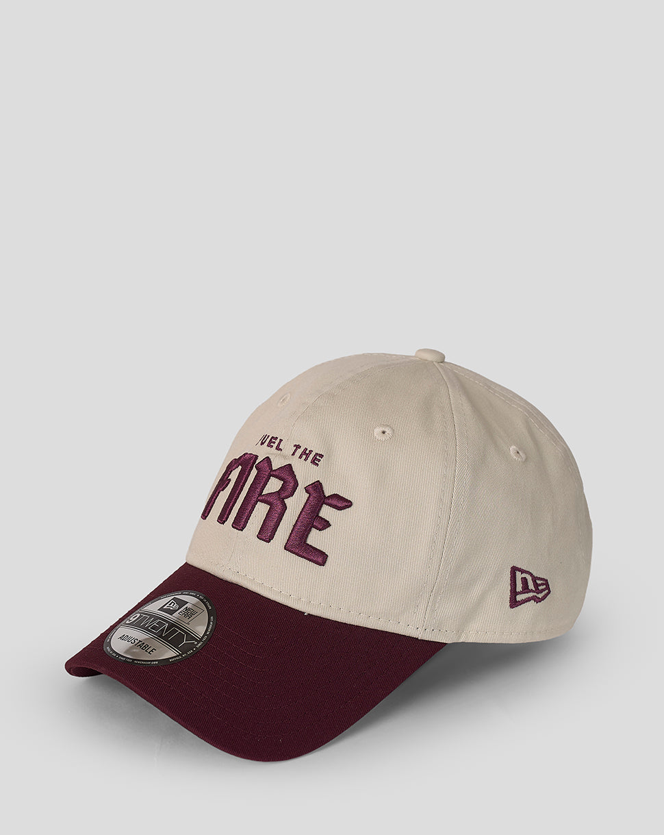 Beige Welsh Fire New Era 9Twenty cap with burgundy curved visor and Fuel The Fire embroidery