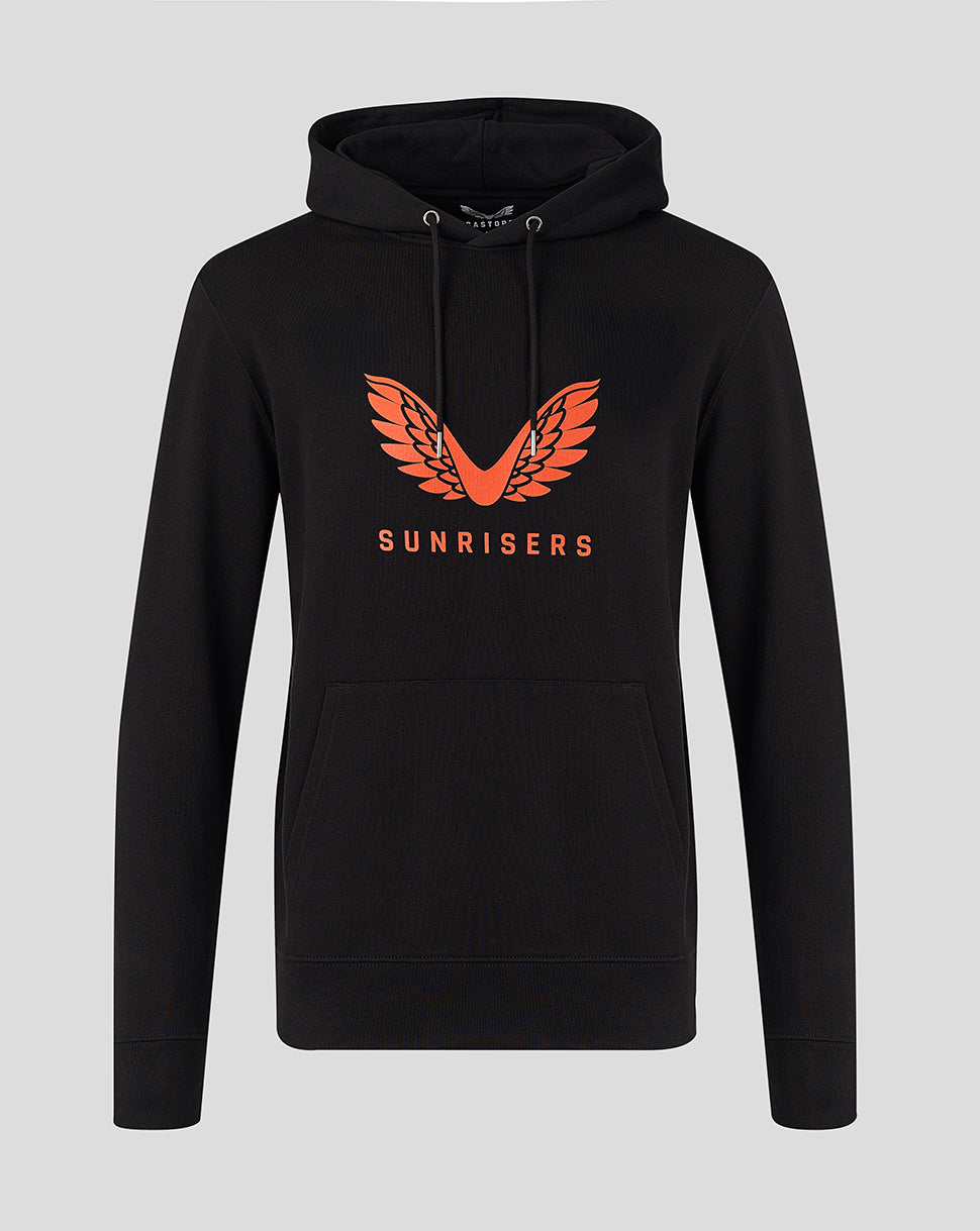 Front view of black unisex hoodie with orange SUNRISERS wings logo and lettering.