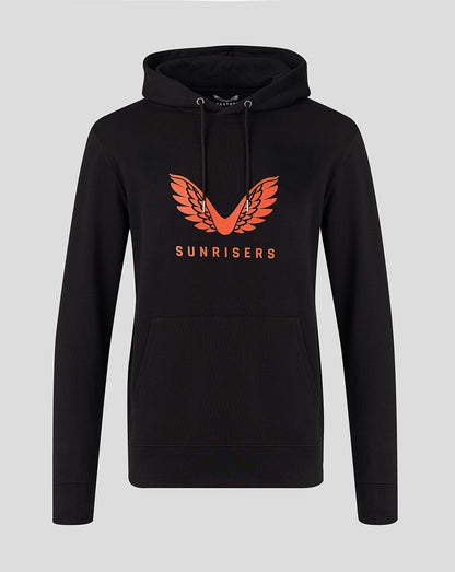Front view of black unisex hoodie with orange SUNRISERS wings logo and lettering.