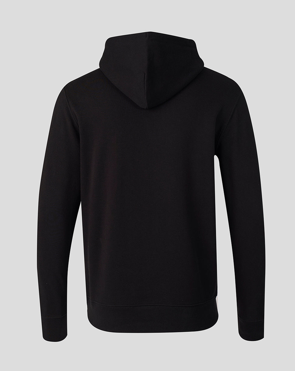 Back view of black unisex hoodie with hood and clean, plain design.