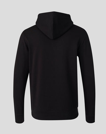 Back view of black unisex hoodie with hood and clean, plain design.
