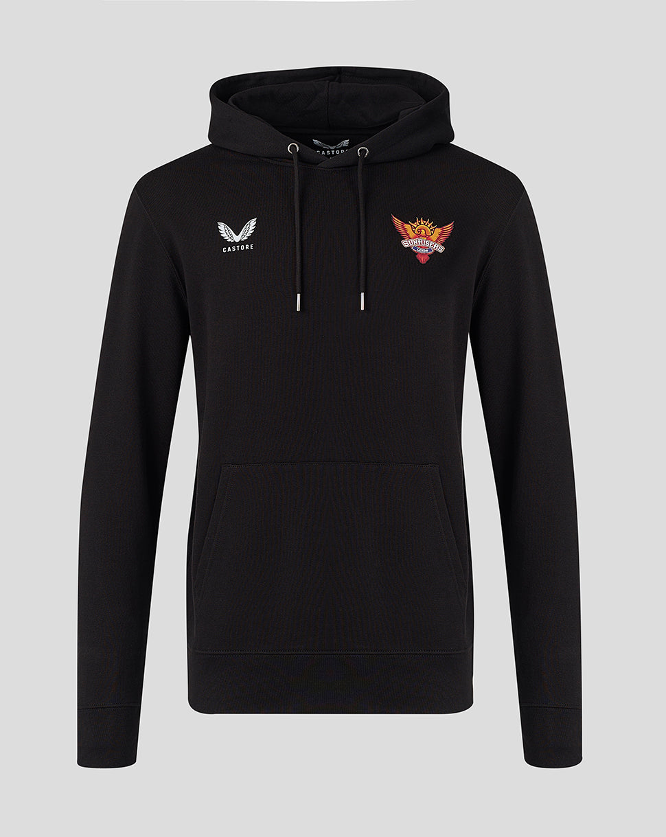 Front view of black hoodie with white wing logo on the left chest and Sunrisers crest on the right chest