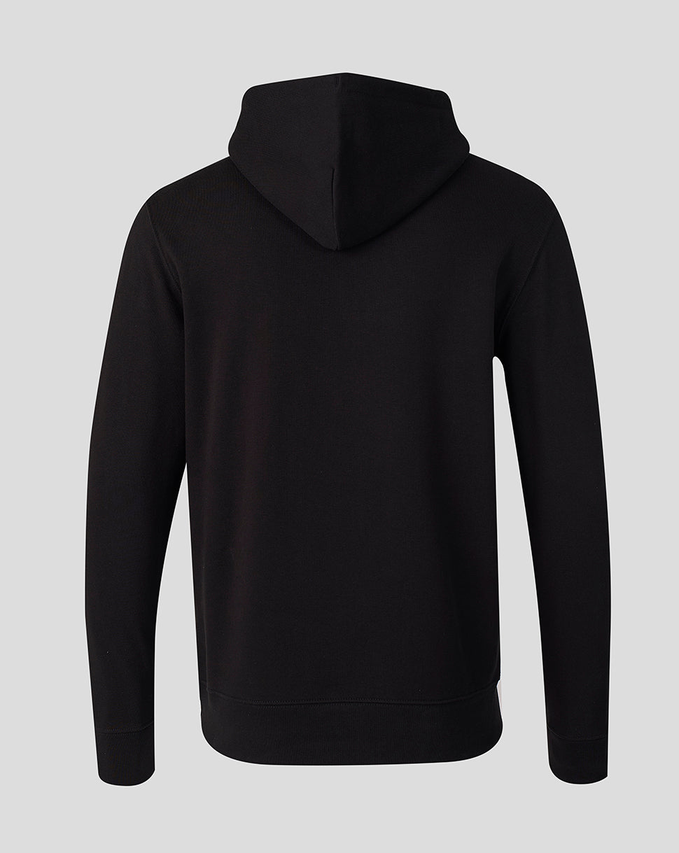 Back view of black hoodie with hood down and a plain design
