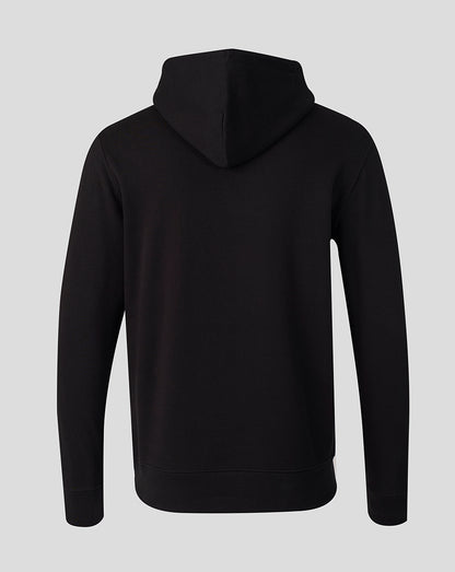 Back view of black hoodie with hood down and a plain design