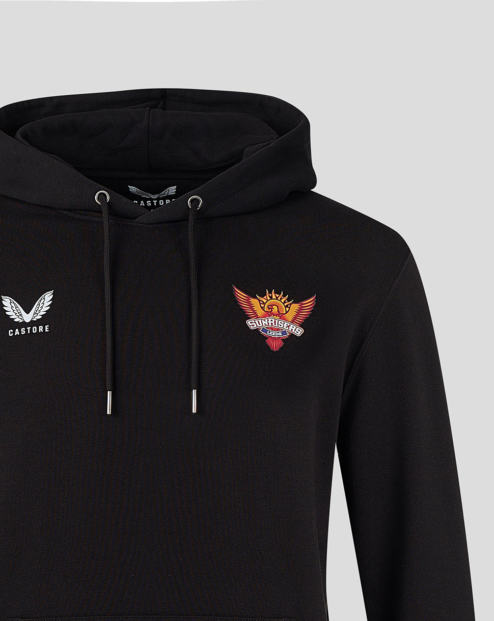 Black unisex hoodie with white Castore wing logo on left chest and Sunrisers crest on right chest