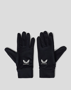Pair of black unisex gloves with white logo on the back.