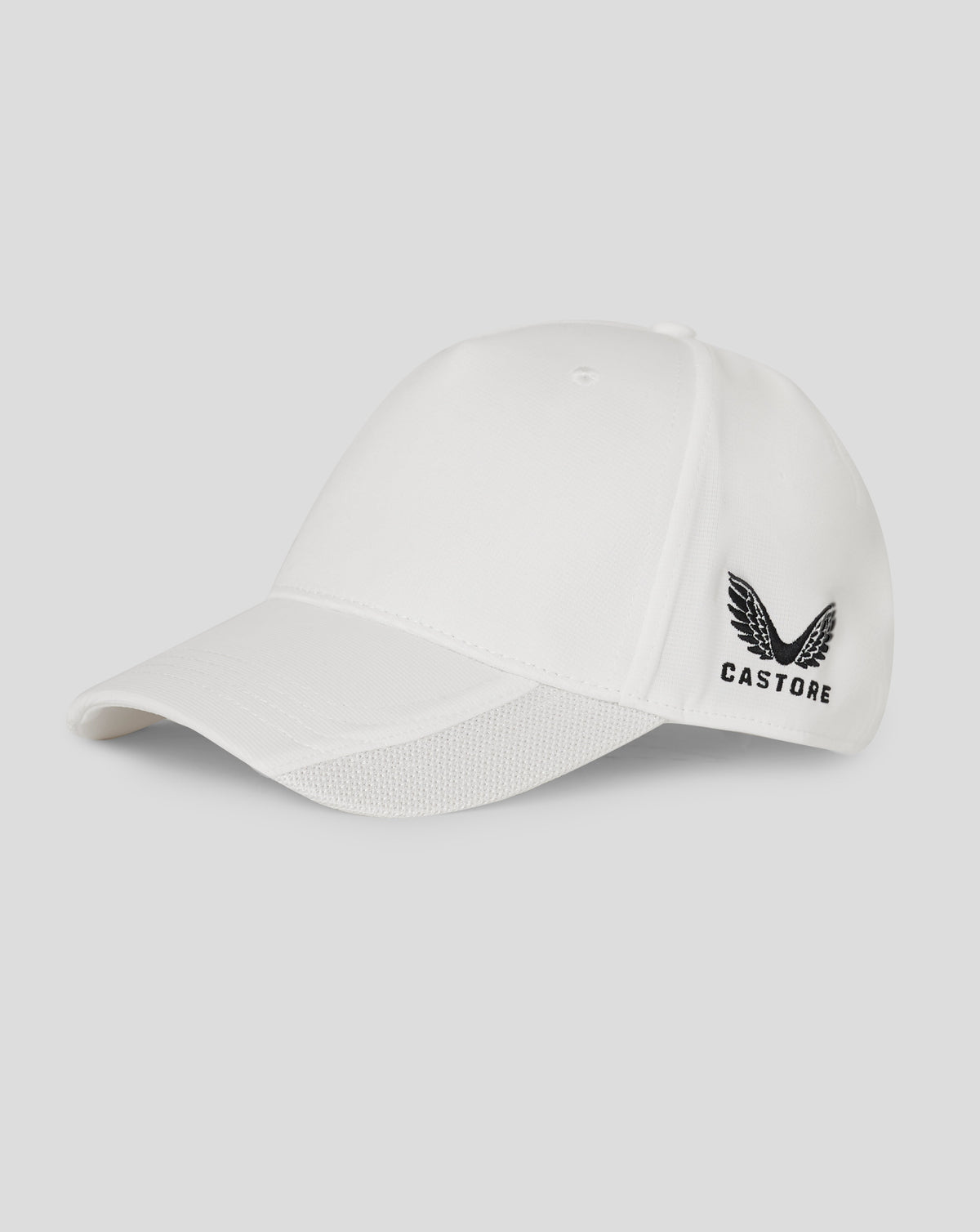 White five-panel cap with curved brim featuring Castore logo embroidery on the side.