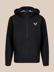 Front view of black unisex waterproof jacket with hood down and small white logo on chest