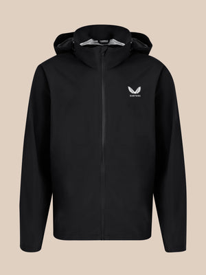 Front view of black unisex waterproof jacket with hood down and small white logo on chest