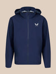 Front view of navy unisex waterproof jacket with hood and Castore logo on the chest