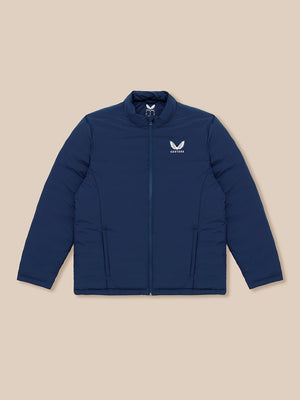 Front view of navy padded jacket with full zipper and chest logo