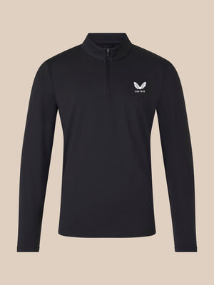 Front view of unisex black quarter-zip top with white logo on left chest.