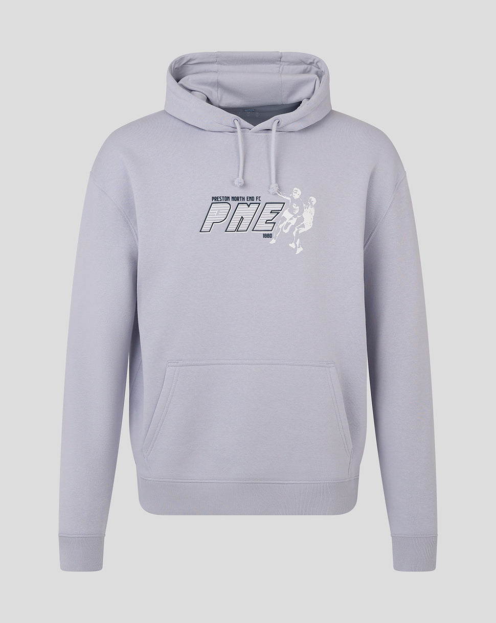Light blue men's contemporary hoody with a front pouch pocket and drawstring hood featuring a PNE logo on the chest