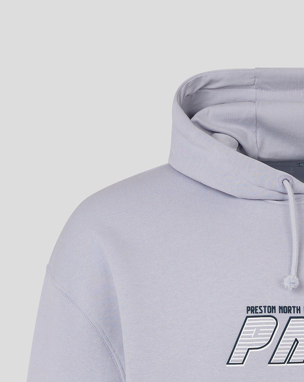 Close-up of the light blue hoodie hood and upper chest with drawstrings and PNE graphic