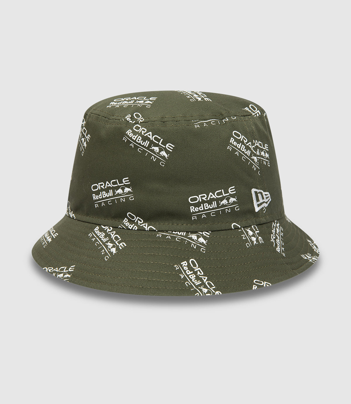 Olive green New Era bucket hat with all over Oracle Red Bull Racing logos across crown and visor and side embroidered New Era flag