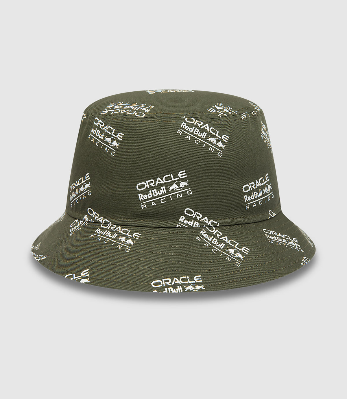 Olive green Oracle Red Bull Racing bucket hat with all over logo print on crown and visor and a side New Era flag