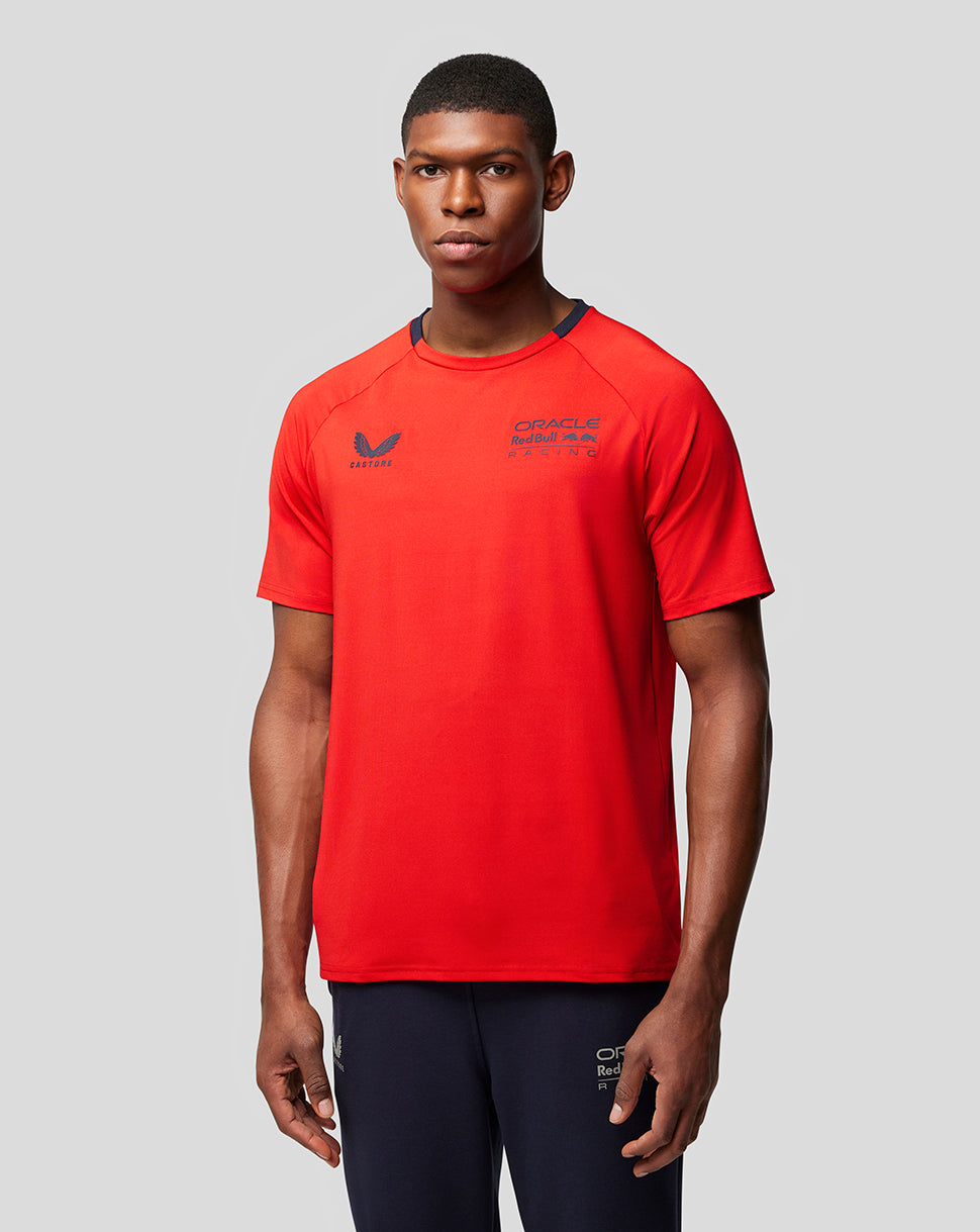 Front view of Oracle Red Bull Racing men's lifestyle T-shirt in flame scarlet with team logos on the chest